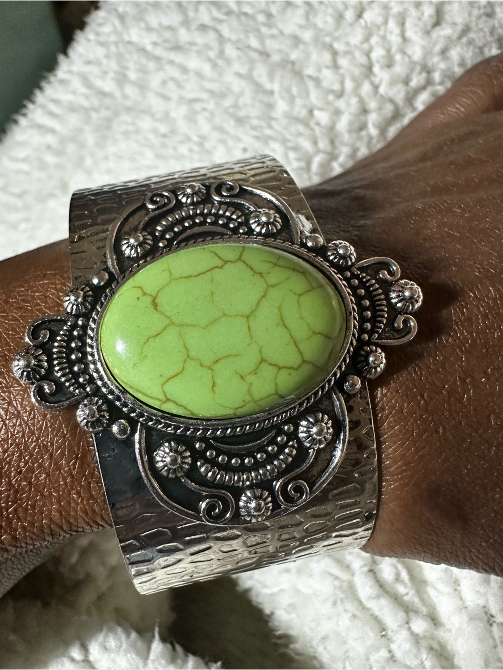 Silver Cuff Bracelet with Lime Green Stone